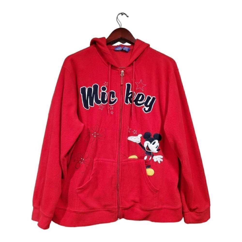 Vintage Disney Red Fleece Hoodie XL Sweatshirt Jumper Mickey Mouse 90s Y2K